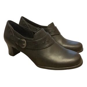 DR SCHOLLS BLACK LEATHER HEELS WITH ZIPPER & BUCKLE DETAILS/ Size7.5 W